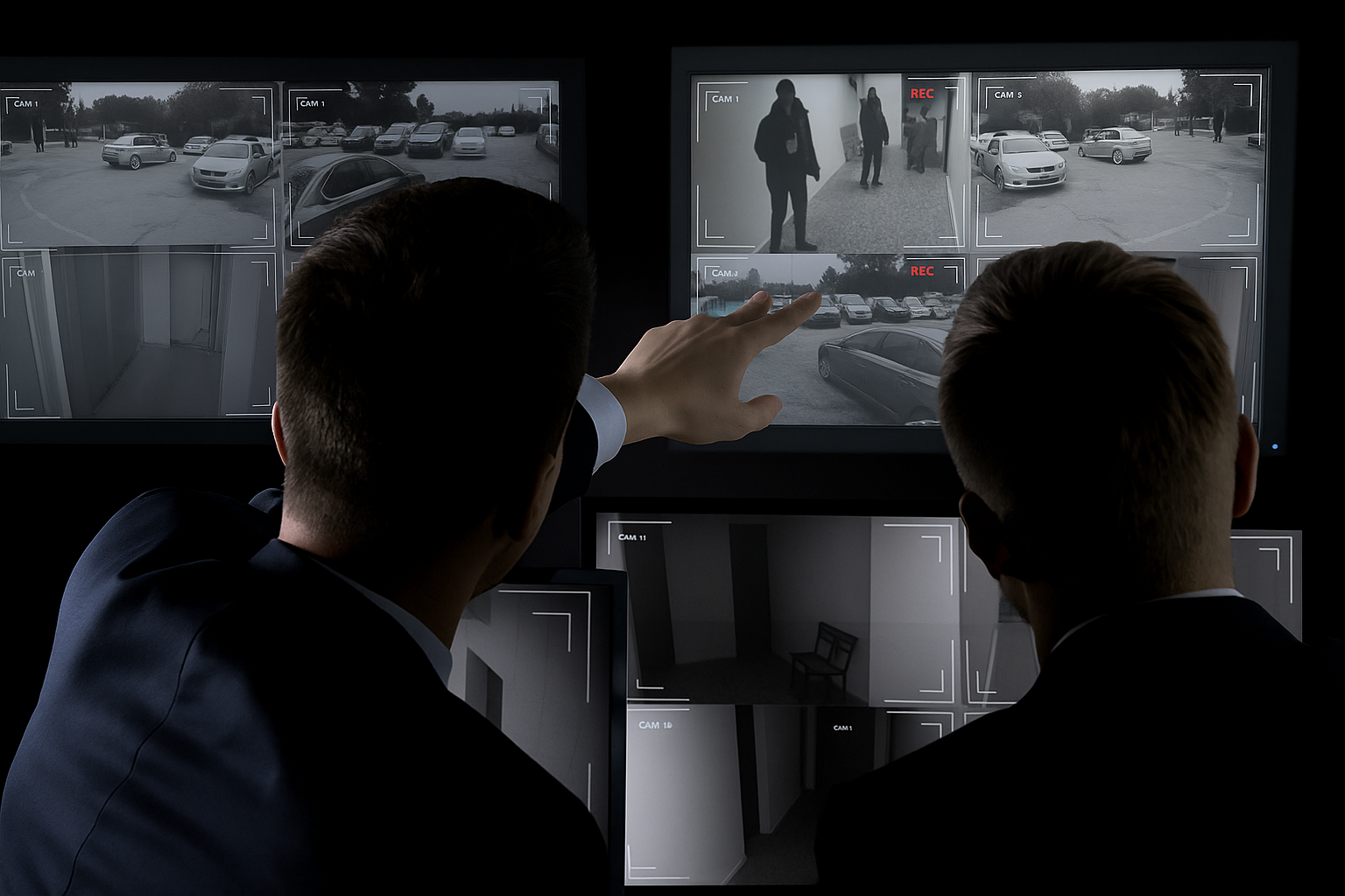 Professional security surveillance monitoring screens showing retail crime prevention